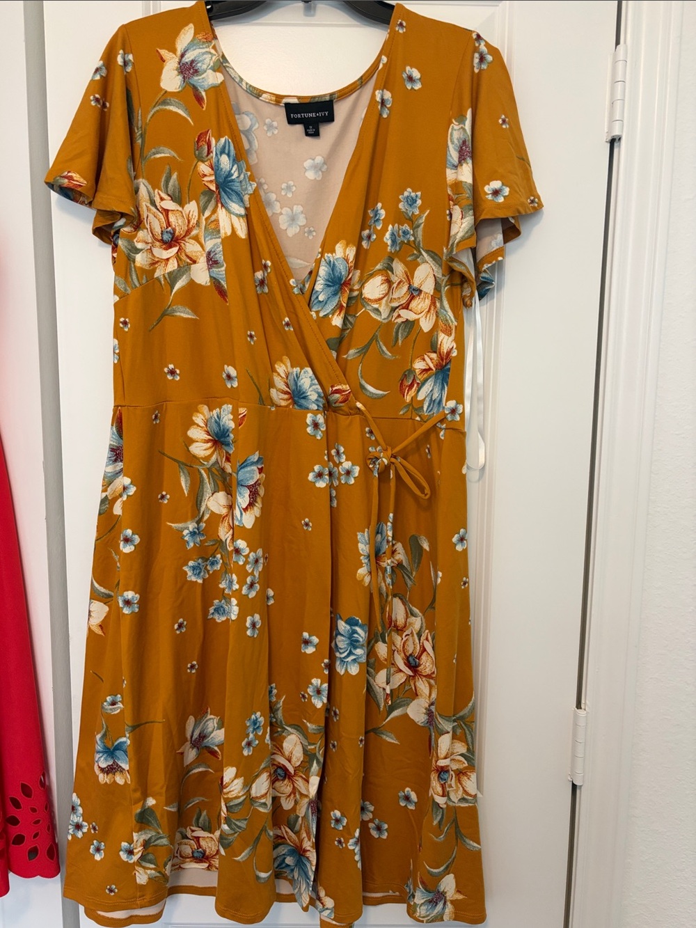 Floral Wrap Dress in Mustard with Blue Accents
